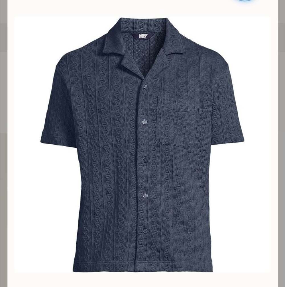 Lands’ End Men’s XL Jacquard Textured Knit Short Sleeve Button Shirt Slate Blue